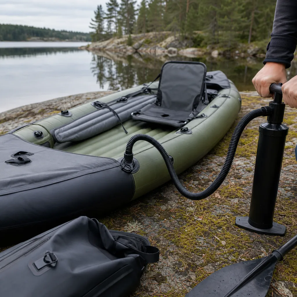 En uppblåsbar fiskekajak pumpas upp på en klippstrand