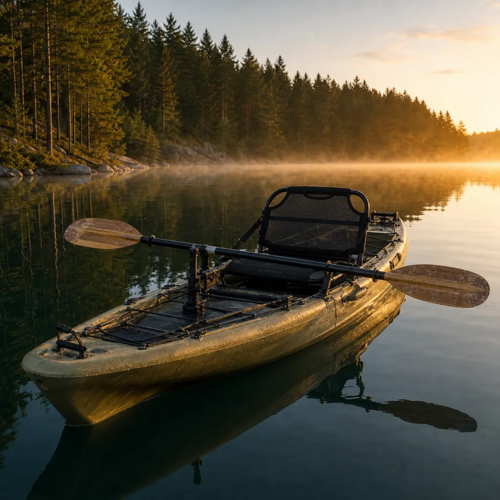 Paddeldriven fiskekajak på en spegelblank svensk sjö i gryningen
