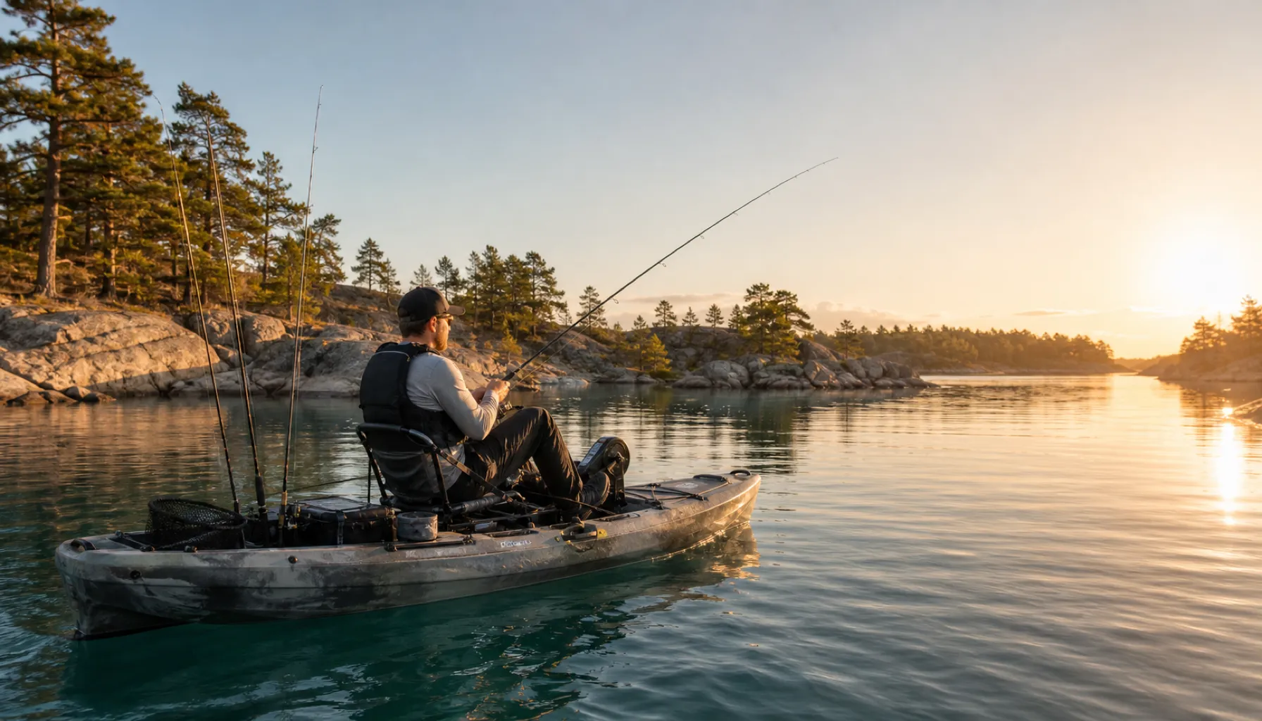 Pedaldriven fiskekajak med driften synlig