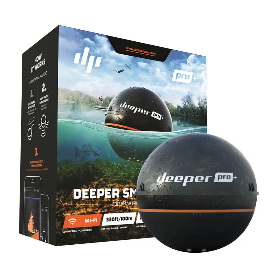 Deeper Pro+ 2 — castable ekolod med inbyggd GPS som kastas ut och visar botten i mobilen